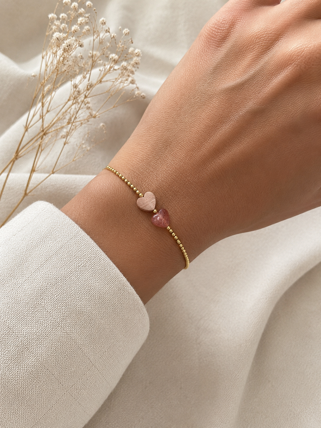 Armband Herz Rhodonit & Erdbeerquarz