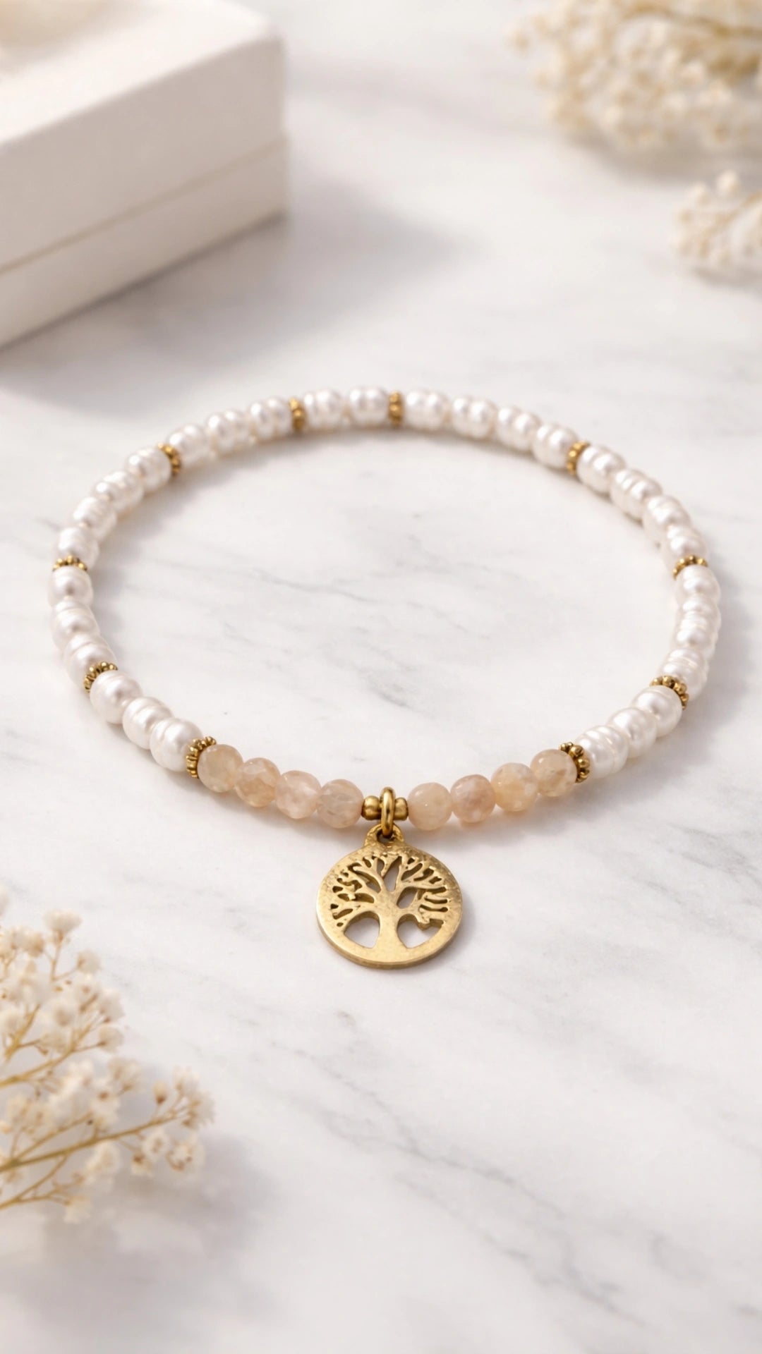 Armband Sonnenstein & Süsswasserperlen Gold