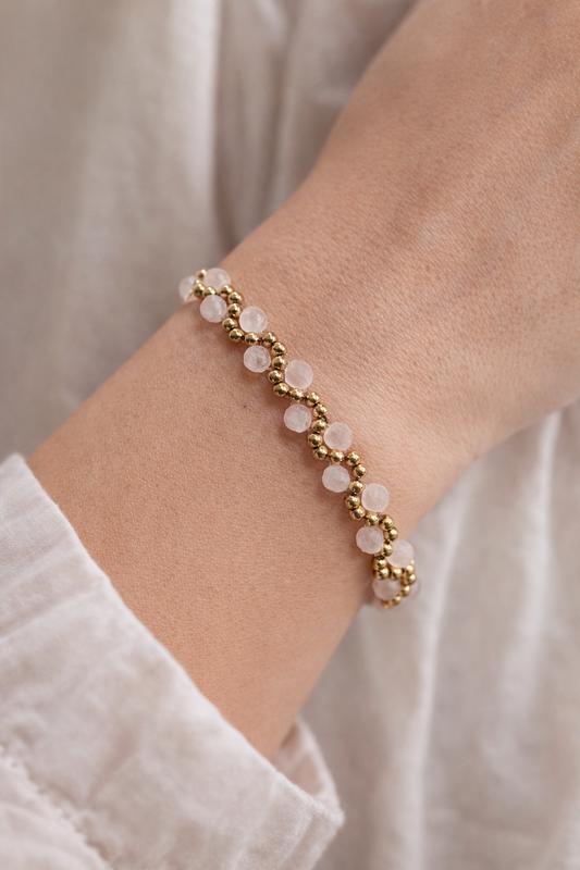 Wellen Armband Rosenquarz Goldig