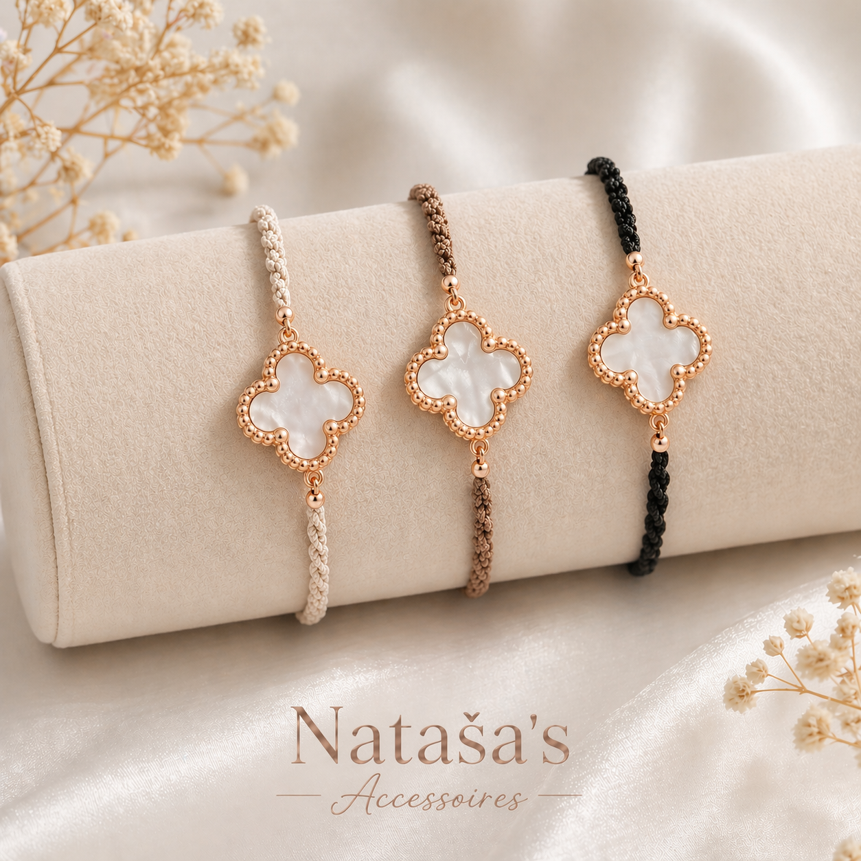Geknüpftes Armband Perlmutt Kleeblatt Roségold