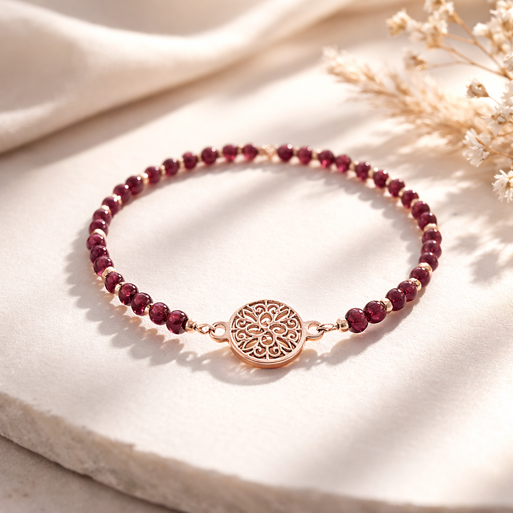Armband Granat Mandala Roségold