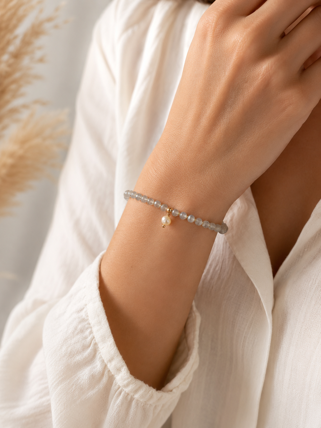 Armband Labradorit mit Süsswasserperle Roségold