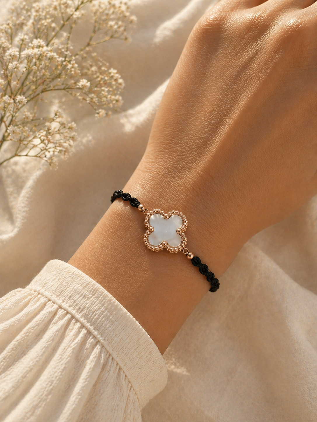 Geknüpftes Armband Perlmutt Kleeblatt Roségold