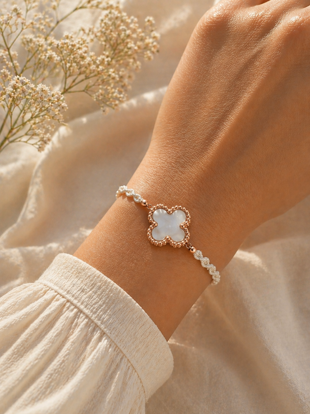 Geknüpftes Armband Perlmutt Kleeblatt Roségold