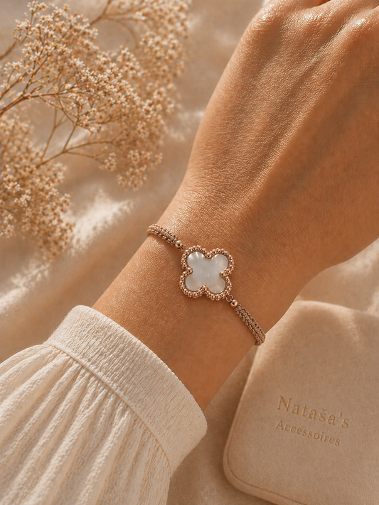 Geknüpftes Armband Perlmutt Kleeblatt Roségold