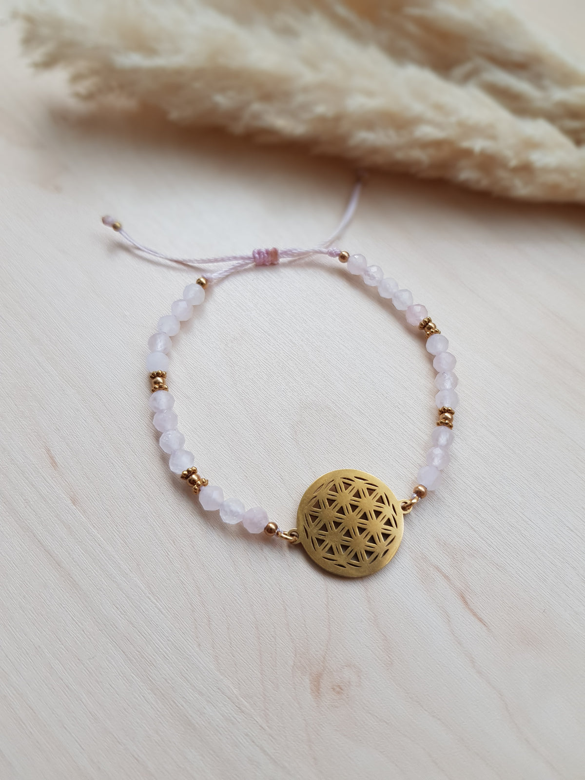 Armband Blume des Lebens Rosenquarz Goldig