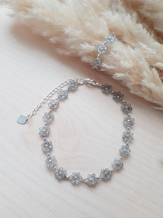 Set Blümchen Armband und Ring Labradorit Silbrig